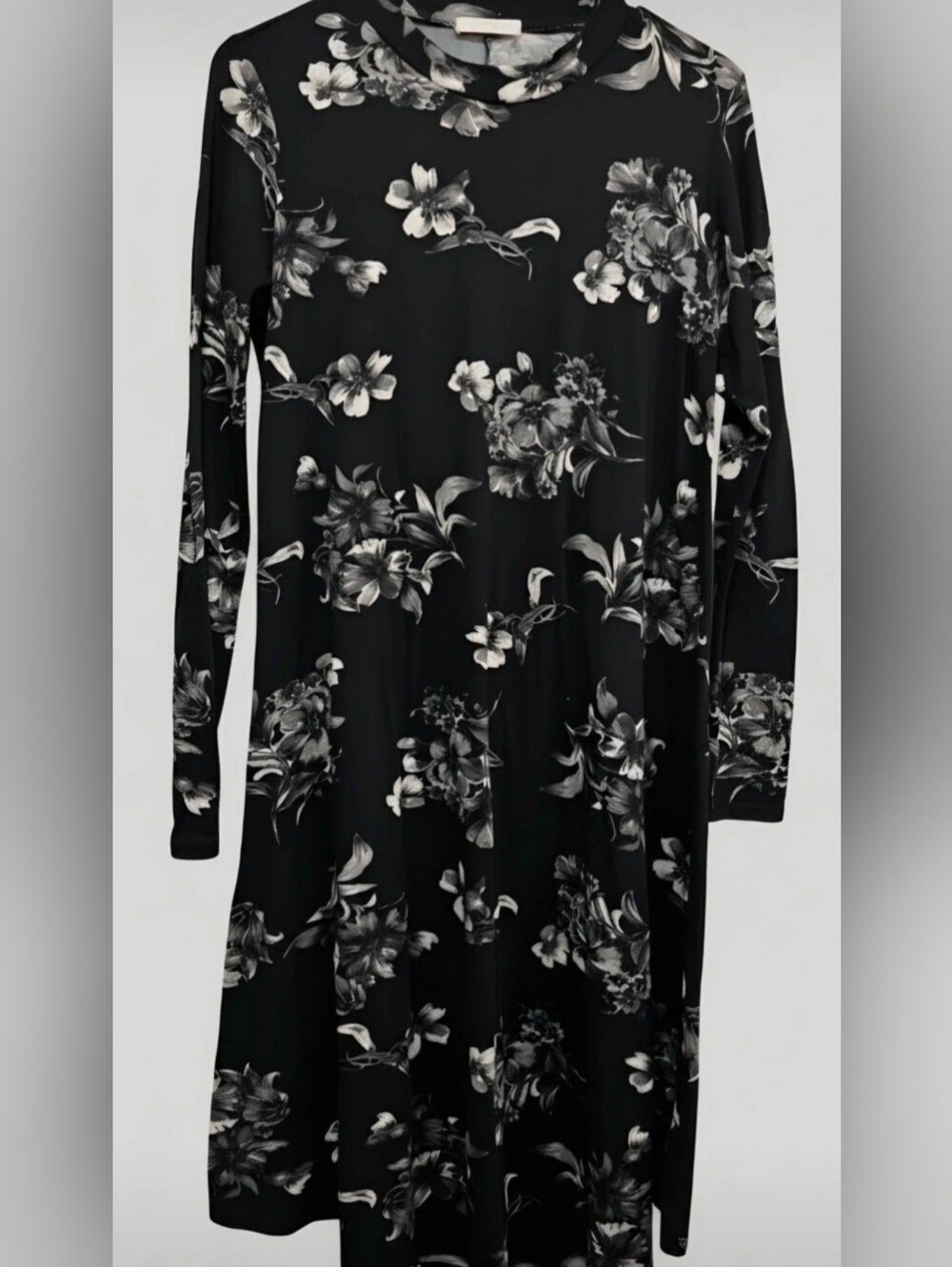 Black Floral Long-Sleeve Midi Dress